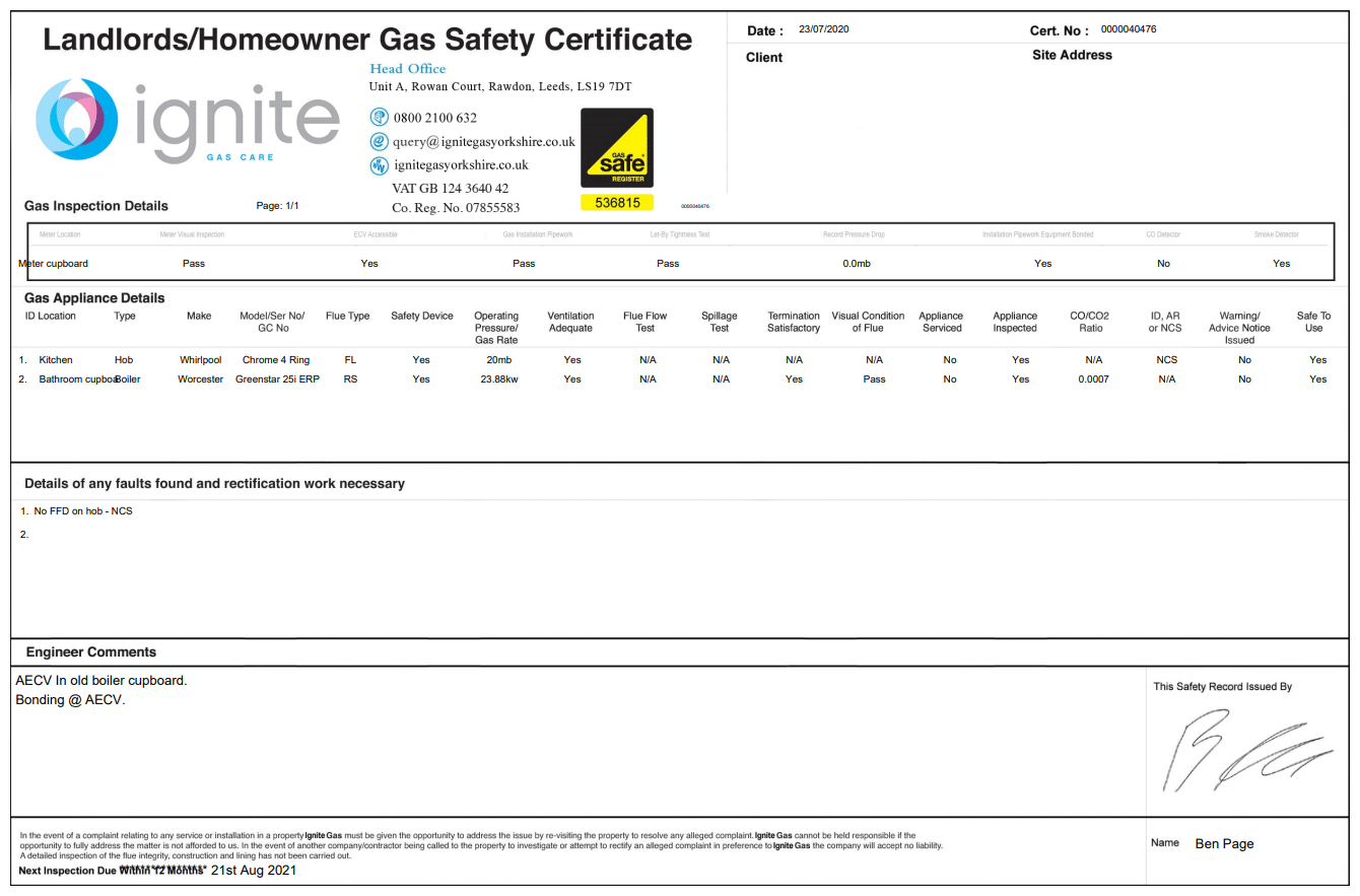 Example of a completed gas safety certificate.