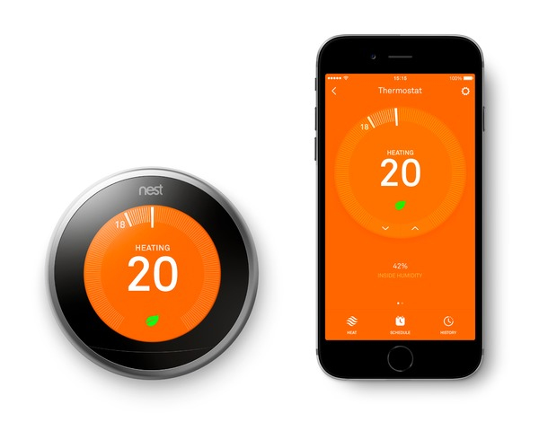 Picture of a Nest thermostat and the Nest dashboard on an iPhone